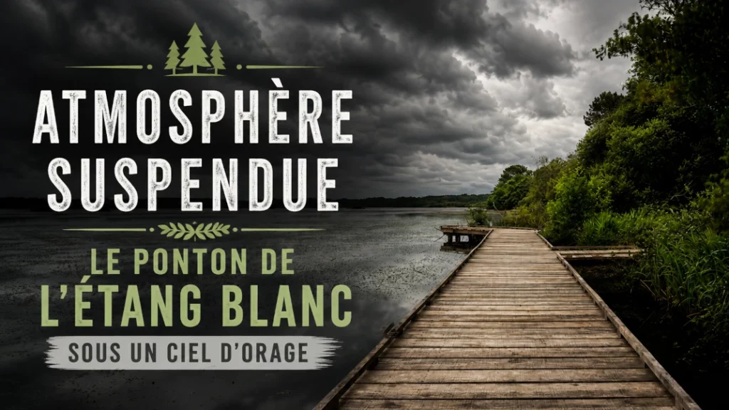 🌲 Atmosphère Suspendue : Le Ponton de l’Étang Blanc sous un Ciel d’Orage